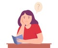 Female Sitting at Table with Notepad Thinking and Considering of Something Vector Illustration