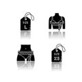 Female size tags and measurements drop shadow black glyph icons set. Bust and hips circumference, extra small and large