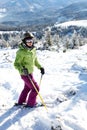 Female skier standing on the hill