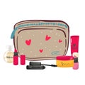 Female skincare cosmetic products in a cosmetic bag. Vector illustration Royalty Free Stock Photo