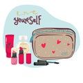 Female skincare cosmetic products in a cosmetic bag. Vector illustration Royalty Free Stock Photo