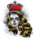 Female skull with a crown and long hair. Queen of death drawn in tattoo style. Vector illustration.