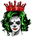 Female skull with a crown and long hair. Queen of death drawn in tattoo style. Vector.