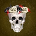 Female skull with wreath consisting of roses on the head in low poly style. Royalty Free Stock Photo