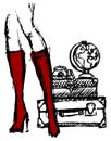 Female slender legs in red knee-high boots on the background of tourist suitcases and a globe. Rough hand-drawn t-shirt print.