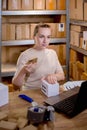 Female small business owner using mobile app on smartphone checking parcel box. Warehouse worker, seller holding phone scanning Royalty Free Stock Photo