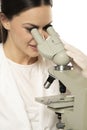 Female smiling scientist looking through a microscope Royalty Free Stock Photo