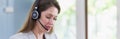 Female smiling wear headset operator worker call center hotline. woman working customer support service operator. Royalty Free Stock Photo