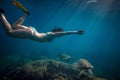 Female snorkeling girl watching turtles underwater