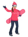 Female snowboarder waving hand. Royalty Free Stock Photo