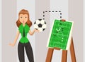 Female soccer coach explaining game strategy, vector illustration. Football team plan scheme, woman cartoon character Royalty Free Stock Photo