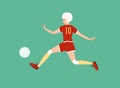 Isolated vector illustration of young female soccer player hits ball on green background Royalty Free Stock Photo