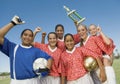 Female Soccer Players Holding Winning Trophy