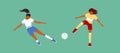 Vector illustration of women football with female soccer players playing ball on green field Royalty Free Stock Photo