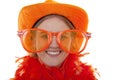 Female soccer supporter with big orange glasses