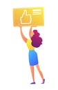 Female social media manager holding thumb up icon vector illustration.