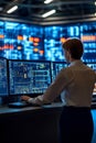 Female Software Engineer Analyzing Big Data on Multiple Monitors with Code and Server Information Royalty Free Stock Photo