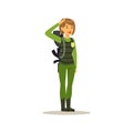 Female soldier character in camouflage combat uniform doing a hand salute vector Illustration Royalty Free Stock Photo