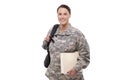 Female soldier with documents and backpack