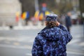 Female soldier woman in the military takes part at the Romanian National Day military parade Royalty Free Stock Photo