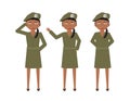 Female soldiers with green uniform skirt and different poses - Stand, Hello, Salute