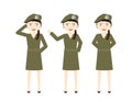 Female soldiers with green uniform skirt and different poses - Stand, Hello, Salute