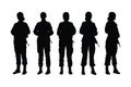 Female soldiers standing in different position silhouette set vector. Woman infantry silhouette bundle on a white background. Girl