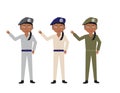 Female soldiers in Various uniform colors waving hello