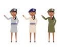 Female soldiers in Various uniform skirts colors waving hello