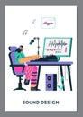 Female sound designer recording and creating music, poster template - flat vector illustration. Royalty Free Stock Photo