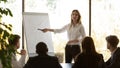 Female speaker give flip chart presentation at conference training meeting