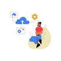 Female IT Specialist Sitting On Bean Bag Working On Cloud Computing And Data Integration In Flat Vector Illustration Royalty Free Stock Photo