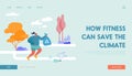 Female Sports Character Plogging Landing Page Template. Running Woman Pick Up Garbage to Bag for Recycling