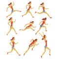 Female Sportswoman Running The Track With Obstacles And Hurdles In Red Top And Blue Short In Racing Competition Set Of