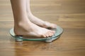Female on standing on floor weight scales Royalty Free Stock Photo