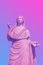 Female statue in bold pink and blue neon colors on gradient background.