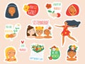 Female stickers collection. Big set of women badges for 8 march celebration, body positive and feminist concept. Inspirational