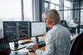 Female stockbroker in formal clothes works in the office with financial market Royalty Free Stock Photo