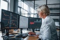 Female stockbroker in formal clothes works in the office with financial market Royalty Free Stock Photo