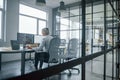 Female stockbroker in formal clothes works in the office with financial market Royalty Free Stock Photo