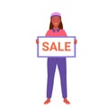 Female store clerk holding big sign banner with sale text, person in shop uniform