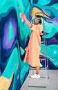 Female street artist in respirator mask painting colorful graffiti on wall standing on a ladder Royalty Free Stock Photo