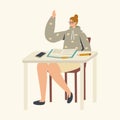 Female Student Character Sitting at Desk with Textbook Raising Hand in Classroom, Girl Answer Lesson Studying in Class Royalty Free Stock Photo