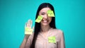 Female student covered with English body parts sticky notes, learning language Royalty Free Stock Photo