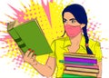 Girl carrying a stack of books and reading, wearing face mask. Royalty Free Stock Photo