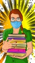 Female student carrying a stack of books, wearing glasses and mask. Royalty Free Stock Photo