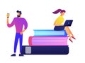 Female student with laptop sitting on stack of books and student with mobile phone vector illustration.