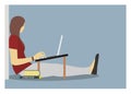 Female student leaning against the wall while typing on a laptop. Simple flat illustration.