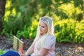 Female Student Reading Computer Tablet In Garden Royalty Free Stock Photo