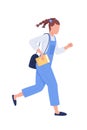 Female student running to school semi flat color vector character